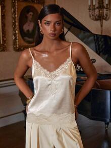 Athîral 女士优雅撞色蕾丝吊带背心，夏季 - 杏色 - 查看 4