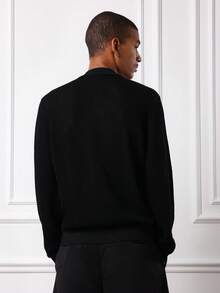 SUMWON 常规款男士纽扣针织开衫长袖翻领毛衣秋冬轻薄叠穿经典商务休闲办公服纯色 - 黑色 - 查看 2