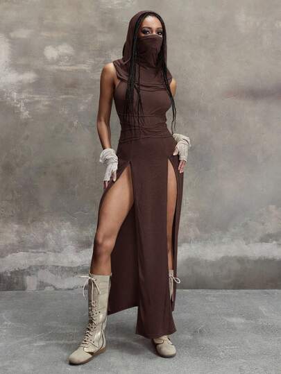 Grunge Punk Abito con cappuccio, scollo a V profondo e spacco alto, in stile retrò Y2K apocalittico