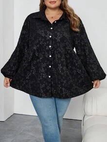 SHEIN CURVE+ Chemise décontractée à manches lanternes, à fleurs jacquard, à simple boutonnage, pour femmes grandes tailles