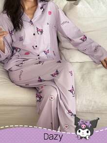 DAZY HELLO KITTY AND FRIENDS | SHEIN 女士可爱卡通字母印花拼接口袋长袖上衣和裤子宽松睡衣套装，春秋季，秋冬季服装 - 紫色 - 查看 1