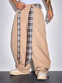ROMWE MEN Prep Men's Loose Minimalist Plaid Ribbon Barrel Leg Pants, For Fall - Multicolor - View 4
