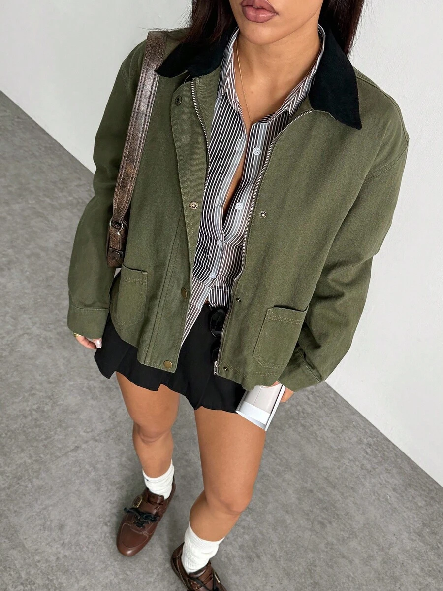 SHEIN Unity Áo khoác denim thường ngày có túi cổ khóa kéo màu tương phản mùa thu dành cho nữ Y2K - màu xanh lá - Xem 1