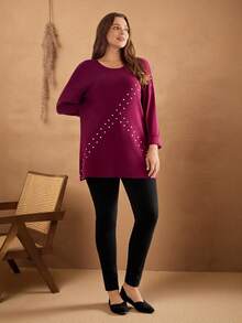 EMERY ROSE Plus Size Women's Quality Home Leisure Elegant Party Wine Red Hot Diamond Craft Decoration Round Neck Super Long Sleeve Pullover Long Sweater Fall Clothes For Women Winter Clothes