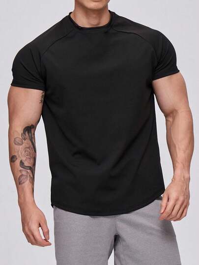 Manfinity Sport Corelite Boyfriend Style Men Solid Raglan Sleeve Sports Tee  Workout Tops  Workout Tops  Compression Shirt , Black Gym Shirt, Gym Tee, Fitted Short Sleeve Active Tops Workout Tops Breathable
