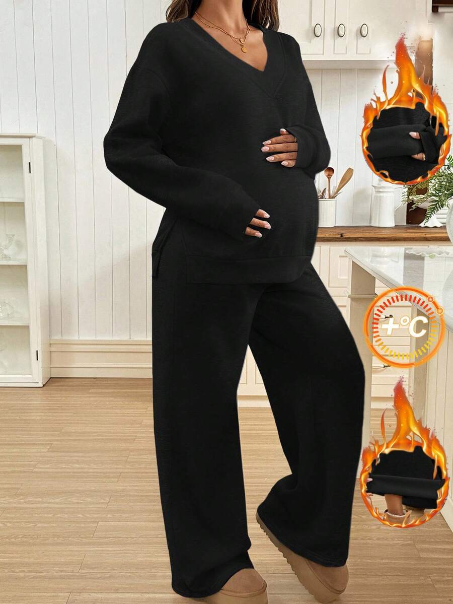 SHEIN Maternity 2pcs Casual Black Winter Clothes,Solid Color Top And Pants Set,Comfortable Lounge Sets For Photoshoot Fall Autumn Two Piece Set Women - Black - View 1