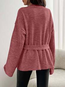 EURMUSE 女式纯色落肩长袖宽松系腰休闲开衫 - 藕粉色 - 查看 2