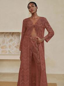 EMERY ROSE 2pcs Solid Color Hollow Long Sleeve V-Neck Cardigan & Straight Leg Pants Outdoor Casual Beach Holiday Set For Women, Spring/Summer - Rust Brown - View 3