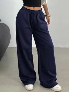 SHEIN 青少年女孩休闲宽松低腰松紧腰带阔腿运动裤，适合春、夏、秋、冬