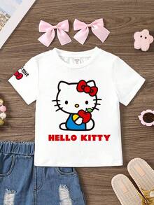 SHEIN Hello Kitty and Friends | Modeflare Wear 女婴休闲卡通印花短袖圆领上衣，适合夏季、学校、休闲、社交、派对 - 彩色 - 查看 3