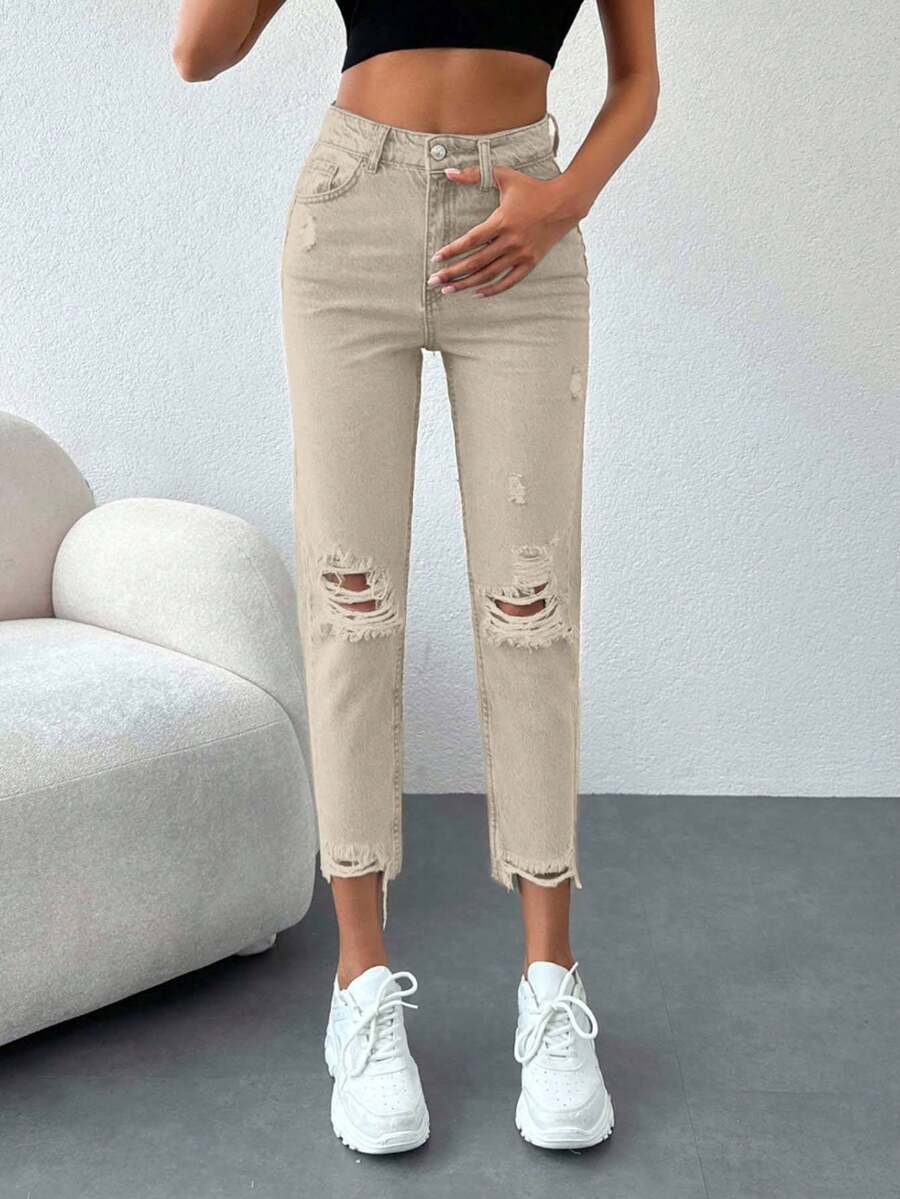 Cottnline 純色磨損牛仔褲 - 米色 - 查看 1