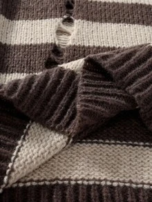 Manfinity Hypemode Men's Striped Pattern Distressed Fashionable Long Sleeve Pullover Sweater, For Fall Winter - Coffee Brown - View 6