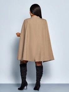 SOLERSUN 女士加大码纯色优雅商务休闲外套，秋冬/春秋皆宜，优雅斗篷袖立领宽松卡其色素色女式外套，休闲日常穿着，冬季教师/派对/披肩元素 - 卡其色 - 查看 2