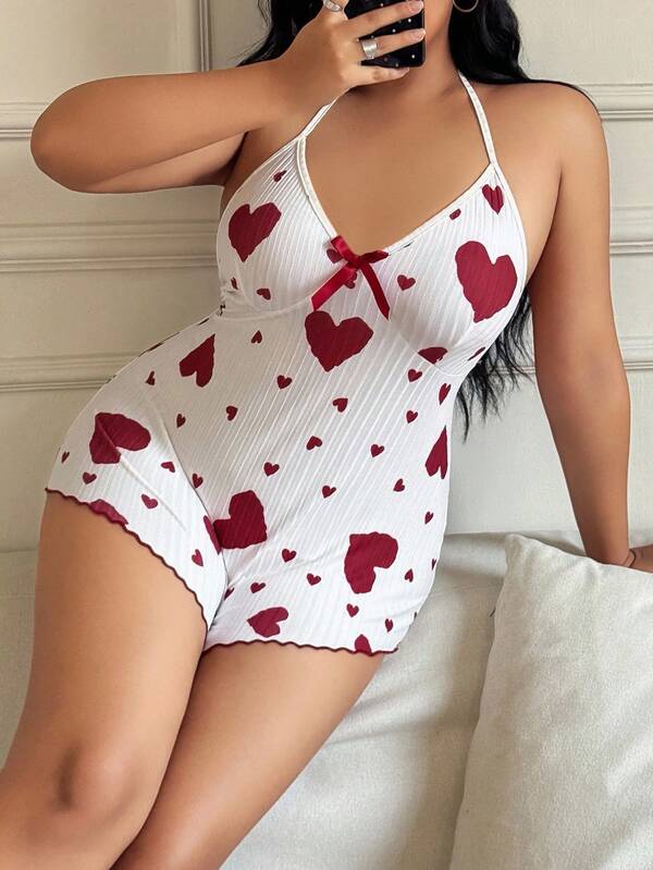 SHEIN ZzzCrew Macaquinho de Dormir com Decote em V Profundo e Estampa de Coração para Mulheres Plus Size