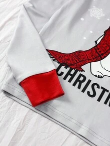 Tween Boy 1pc Christmas Bear Print Contrast Trim Tee & 1pc Buffalo Plaid Print Pants - Red and White - View 5