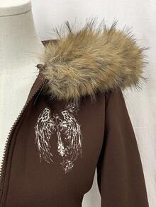 EgrlEra Áo nỉ dài tay in họa tiết màu nâu cà phê, cổ lông dành cho nữ. - Cà phê nâu - Xem 6