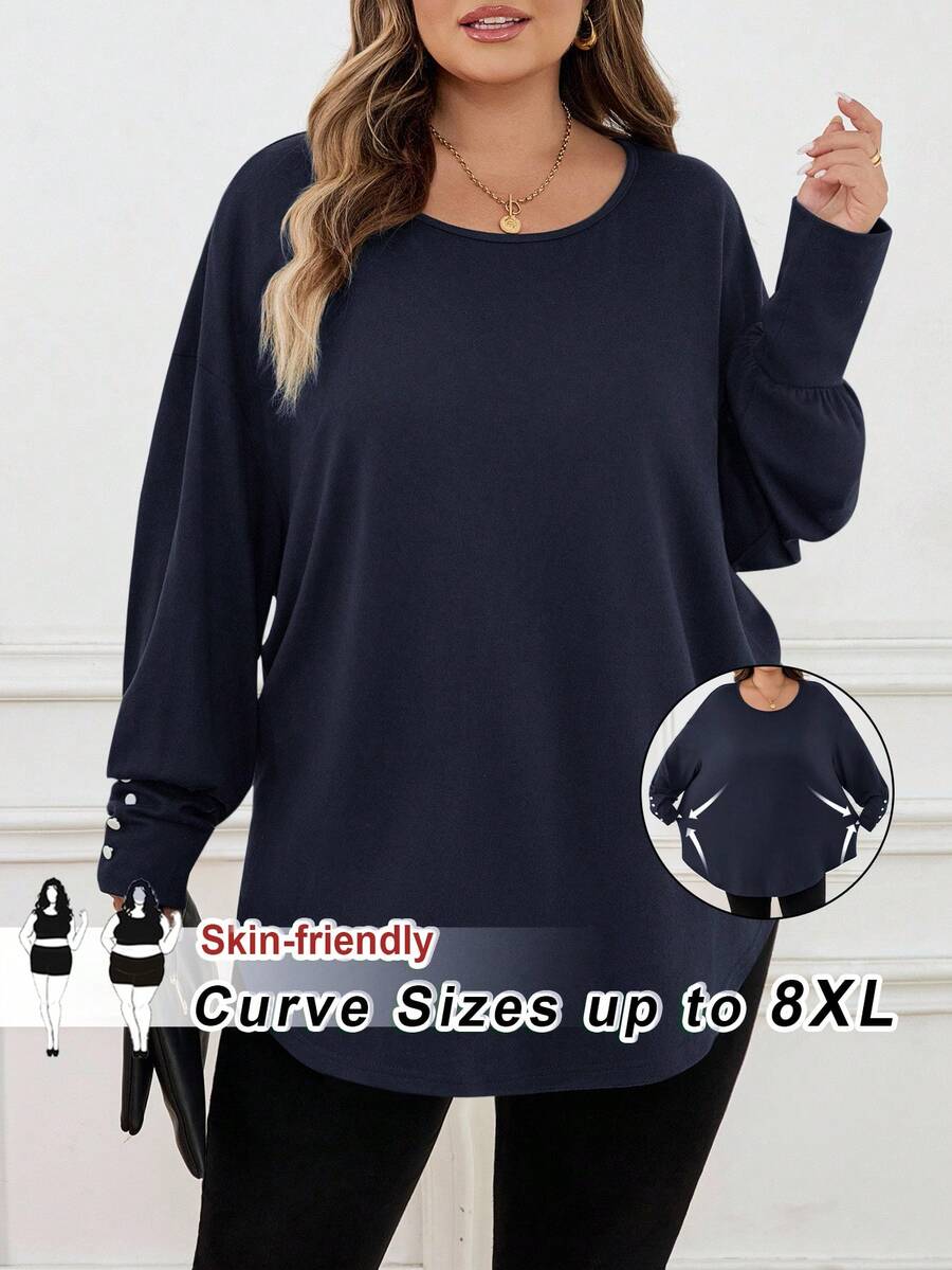 SHEIN CURVE+ Plus Size Women Green Loose T-Shirt, Autumnfall Clothes For Women,Winter,CURVE PLUS - Navy Blue - View 1