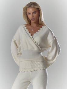 MUSERA Soft Rib Crochet Knit Crossover Detail Cinched Long Sleeve Top Only Fall Autumn Cosy Cute Casual Coffee Club Winter  Elegant Evening Party  Spring Sweater - Cream - View 5