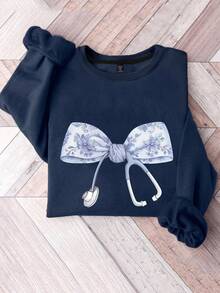 Calvaya 大码花卉蝴蝶结印花卫衣，女款圆领长袖休闲套头衫，适合毕业季、返校季、教师节等场合，秋冬季可穿。 - 藏蓝色 - 查看 1