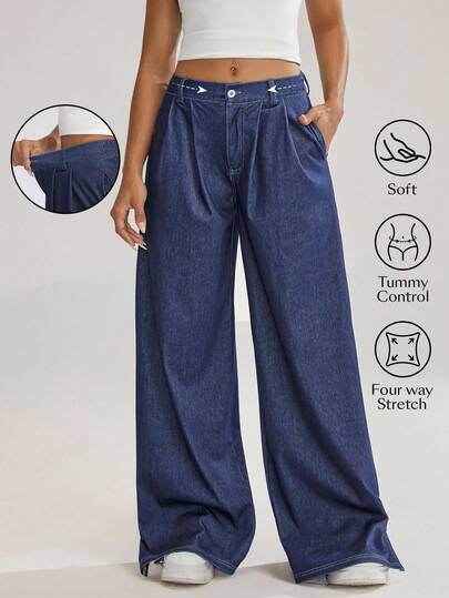 Flexra Women's Pleated Pocket Wide Leg Loose Casual Versatile Jeans