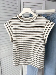 SHEIN Teen Girls Striped Round Neck Short Sleeve Casual T-Shirt, Minimalist Leisure Wear