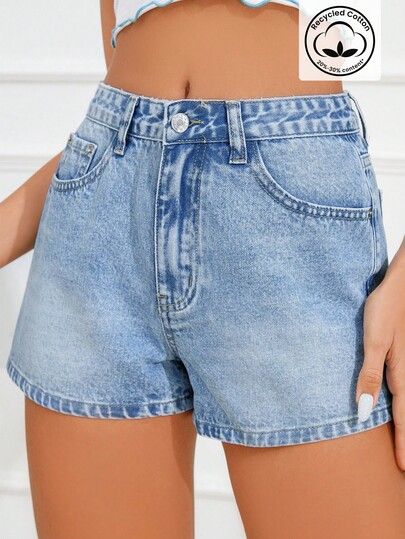 SHEIN Frenchy Summer Casual Washed Slant Pockets Denim Shorts