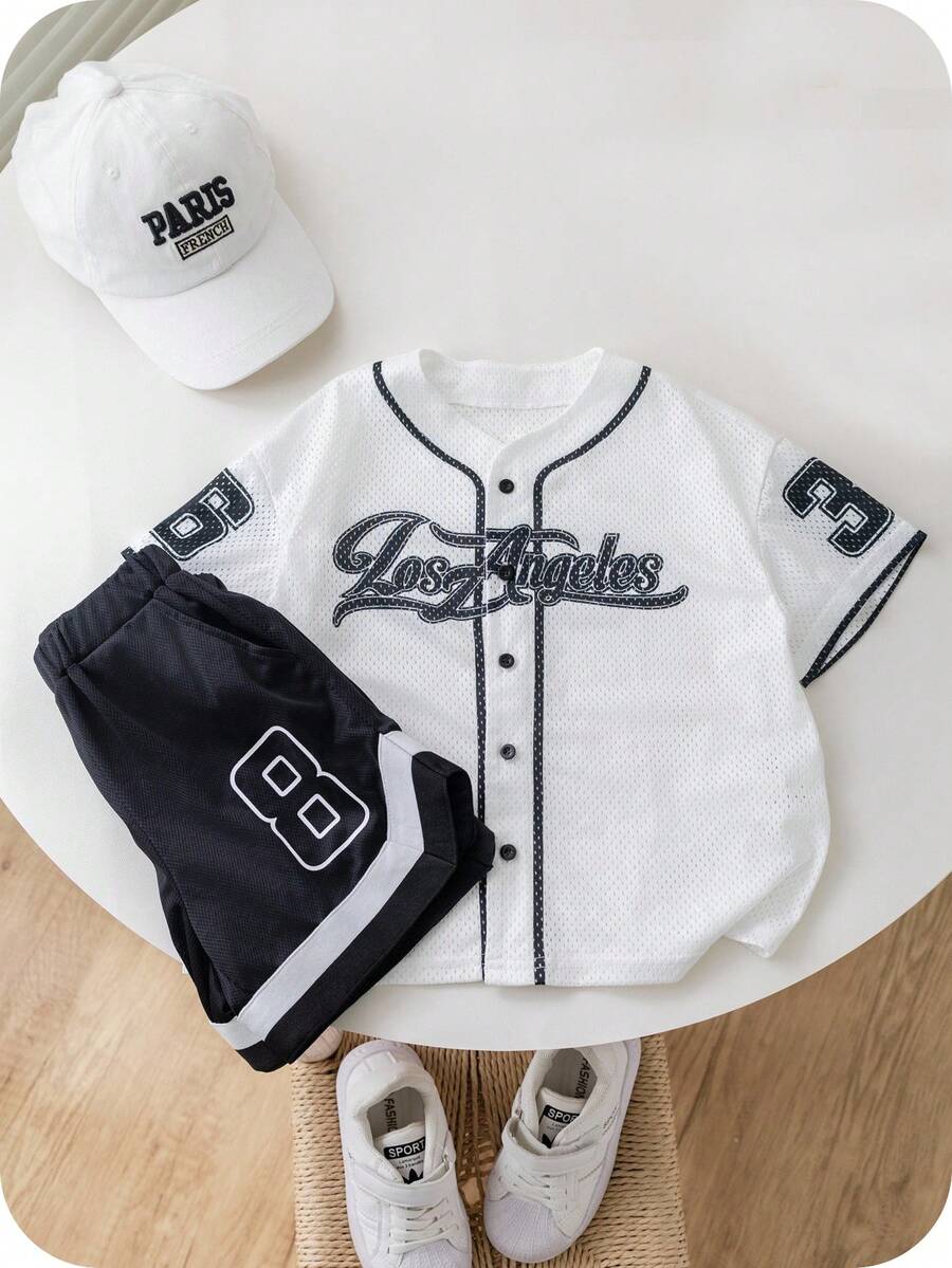 SHEIN 2pcs Loose Fit Sports Letter & Number Printed Short Sleeve Shirt And Shorts Set, For Young Boy - Black and White - View 1