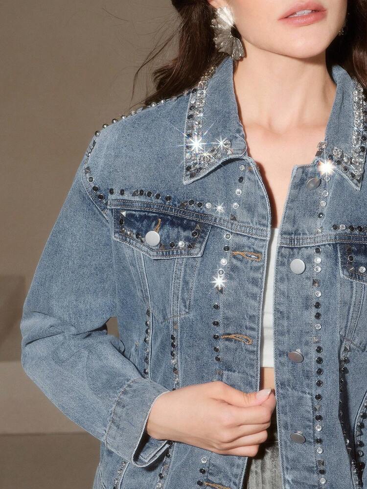 Veste en jean bleu surdimensionnée ornée de diamants, style de rue