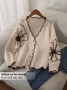 CosyJoli Plus Size Elegant Casual Women Cardigans 3D Floral Contrast Color Cardigan Sweater/Winter - Apricot - View 1
