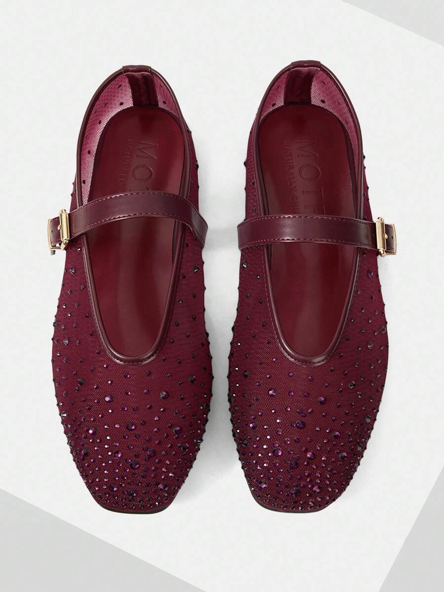 MOTF PREMIUM WOMEN'S COMMUTING CASUAL COMFORTABLE VERSATILE MARY JANE SQUARE TOE FLAT SHOES FOR CHRISTMAS - Burgundy - View 1