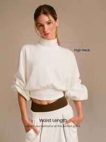 GLOWMODE Áo nỉ chui đầu dáng rộng, dài đến eo, chất liệu Modal mềm mại, ấm áp, có gấu áo cong kiểu bong bóng và cổ tay áo bo gân, thích hợp mặc hàng ngày. - trắng - Xem 4