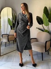 Livesso Women's Round Neck Cinched Waist Pleated Long Sleeve Midi Dress