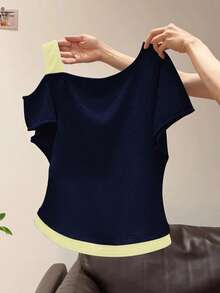 SHEIN 女式不对称肩部二合一短袖T恤，夏季上衣 - 藏蓝色 - 查看 2