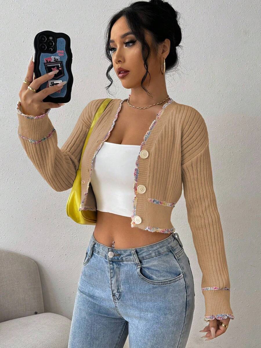 EMERY ROSE Damen Cardigan mit Drop Shoulder, Langarm, Einreiher, Kurz, Lässig Strick, Herbst