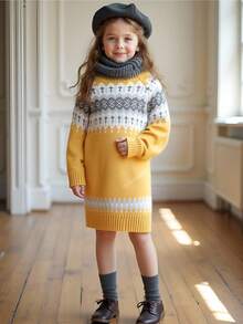 PrepCrw Young Girl Geometric Pattern Round Neck Raglan Sleeve Casual Knit Sweater Dress, Autumn/Winter,Holiday ,Christmas Girl Knit Dress Girls Sweater Dress Autumn And Winter Girls Dress Girls Knitted Clothes Yellow And Grey Girls Dress - Yellow - View 1
