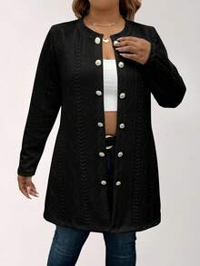 SHEIN LUNE Plus Size Solid Color Button Decor Long Sleeve Knit Cardigan Fall - Black - View 3