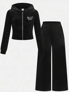 SHEIN Tween Girls' Streetwear Black Autumn Casual Family Matching,Velvet Butterfly Rhinestone Zip-Up Cropped Hoodie And Flare Pants 2-Piece Outfit,Y2K Set - Black - View 9