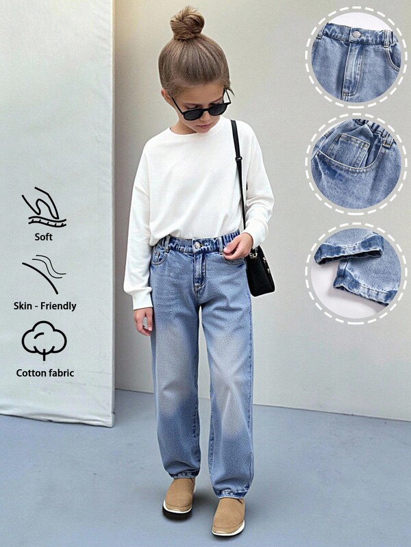 Girls' Washed Medium Blue Distressed Flare Leg Jeans, Soft Elastic Waistband, Versatile Casual Vacation Streetwear, Lightweight Spring Autumn Fall Winter