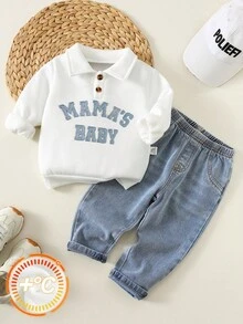SHEIN 2件組男嬰白色保暖內裡圓領運動衫與冬季長褲套裝，秋季休閒圖案度假長袖牛仔褲套裝，日常穿著 - 白色 - 查看 7