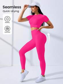 SHEIN Core Rhythm Bộ áo thun ngắn tay và quần legging thể thao co giãn liền mạch dành cho nữ - Màu Hồng Tươi - Xem 6