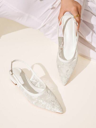 CUCCOO CHICEST Women's Simple Elegant White Mesh Lace Pointed Toe Low Block Heel Flats, Comfortable Slingback Backless Loafers For Christmas Elegant Shoes Wedding Shoes Summer Shoes Bride Shoes