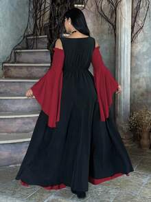 Lyrianda Plus Size Women Off Shoulder Long Sleeve Flare Sleeve Ruffle Elegant Vintage Cute Halloween Party Casual Holiday Colorblock Dress