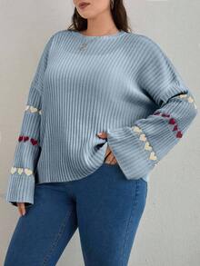 EURMUSE Heart Patterned Flared Sleeve Ribbed Knit Sweater - Multicolor - View 5