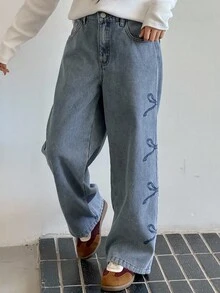 DAZY 少女蝴蝶结刺绣保暖牛仔裤，秋季款 - 藍色 - 查看 4