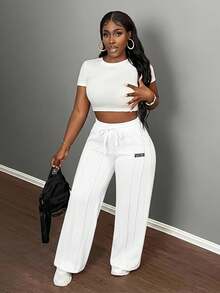 Slaydiva 女士休闲日常通勤运动字母抽绳腰部前缝宽松阔腿裤 - 白色 - 查看 3