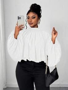 Maweii Plus Size Elegant Solid Color Pleated Lantern Sleeve Blouse, Autumn - White - View 2