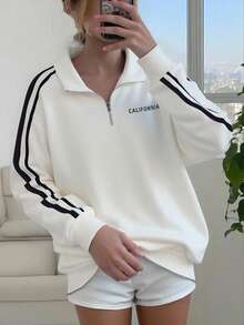 SHEIN Tween Girl White Knit Half-Zip Collar Loose Casual School English Print Sweatshirt, Back To School, Minimalist Daily Wear Fall Winter