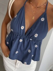 DAZY Women's Summer Vacation Floral Embroidery All-Over Print Spaghetti Strap Casual Tank Top