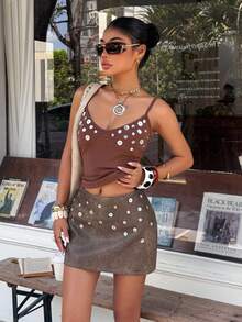 Muchica Women's Brown PU Shell Button Decor Mini Skirt For Going Out, Streetwear, Y2K - Brown - View 4