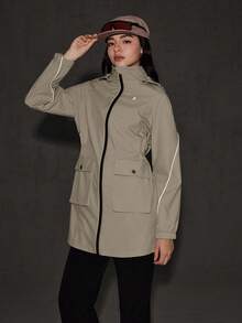 OutZeal 女士防水可拆卸风帽拉链口袋抽绳腰部连帽长款户外夹克徒步露营